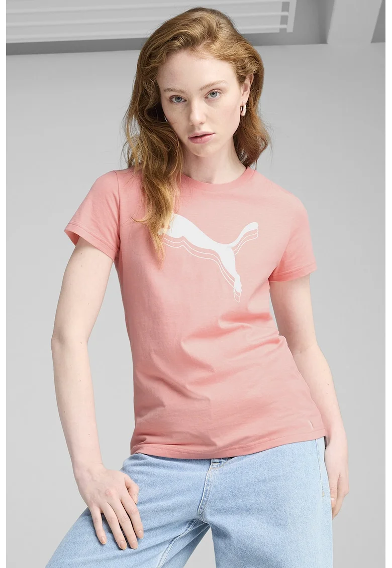 Tricou cu decolteu la baza gatului si imprimeu logo, Roz/Argintiu