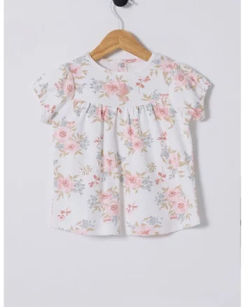 Rochie de bumbac cu model floral, Alb/Roz pastel/Bej inchis