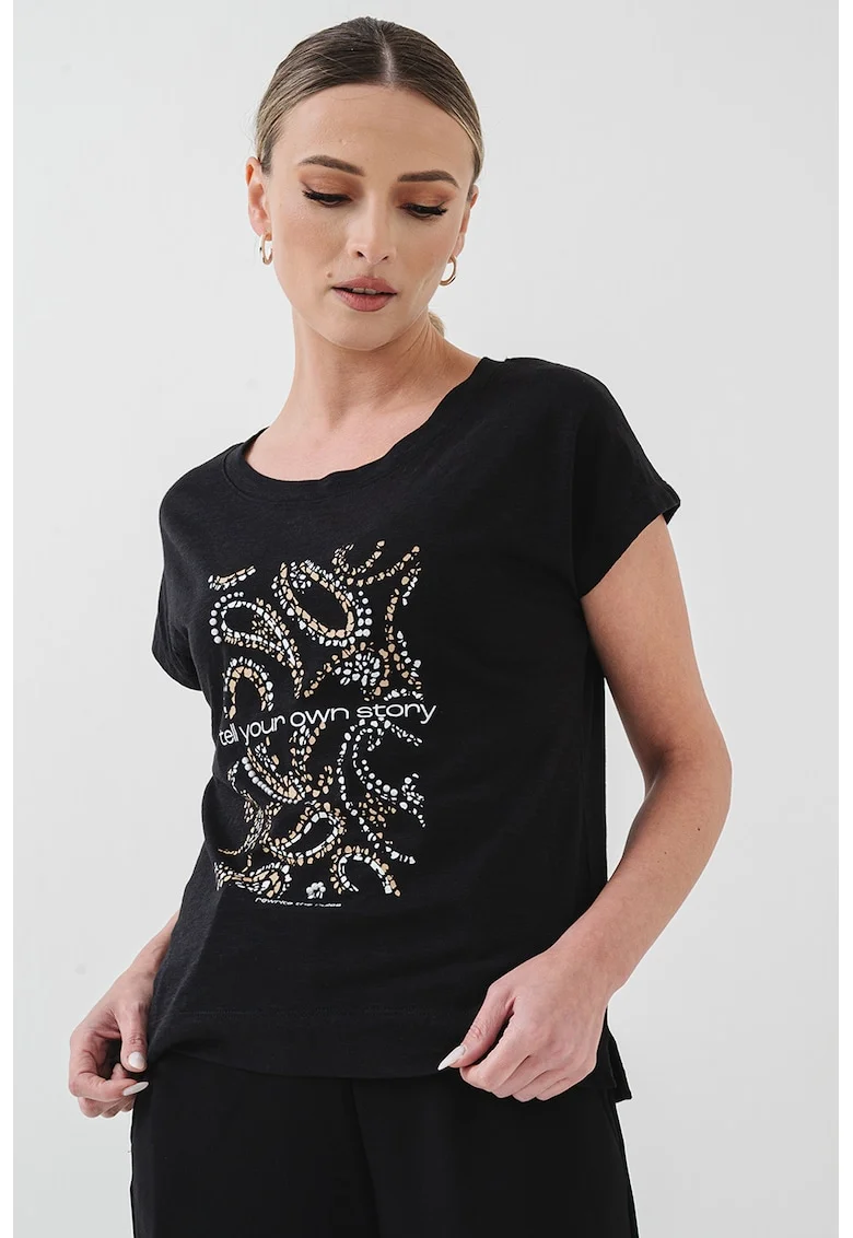 Tricou cu decolteu la baza gatului si model grafic, Negru/Maro deschis
