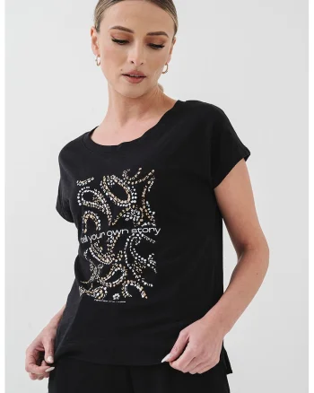 Tricou cu decolteu la baza gatului si model grafic, Negru/Maro deschis