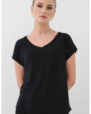 Tricou lejer cu decolteu in V, din amestec de modal, Negru