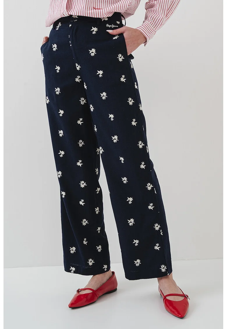 Pantaloni din amestec de in cu broderie Genoveva, Alb/Albastru ultramarin