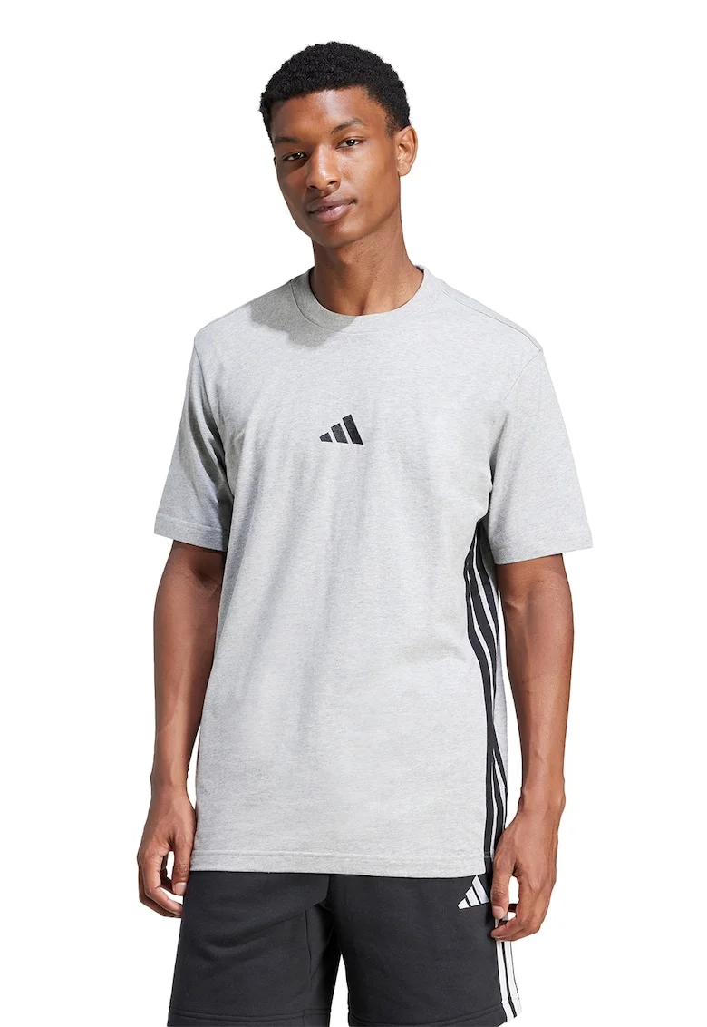 Tricou din bumbac cu decolteu la baza gatului si logo, Negru/Gri deschis melange