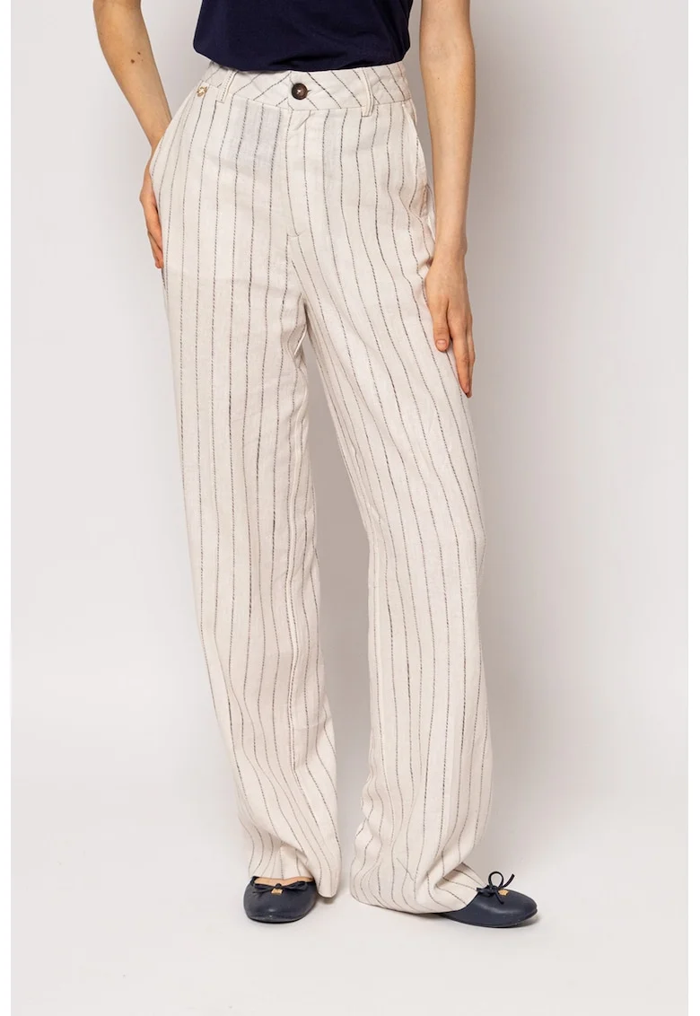 Pantaloni lungi relaxed fit cu talie inalta, Alb fildes/Negru