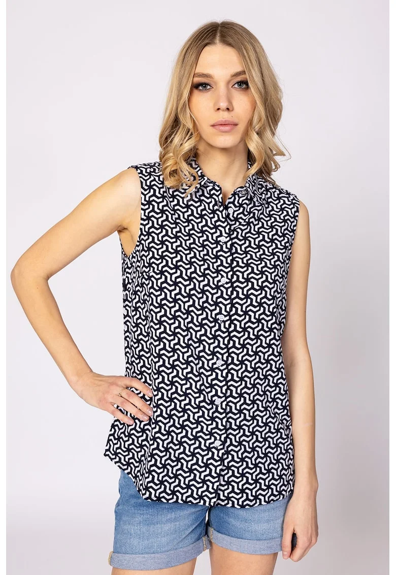 Camasa cu model geometric, fara maneci Ruanna, Alb/Albastru ultramarin