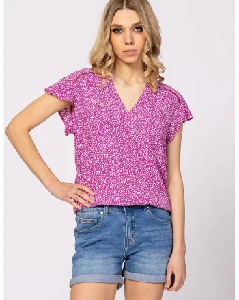 Bluza cu maneci scurte si model floral Rusty, Alb/Fucsia