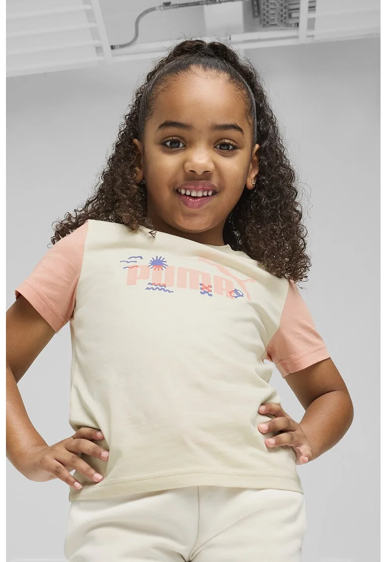 Tricou cu imprimeu logo pe piept, Piersica/Crem