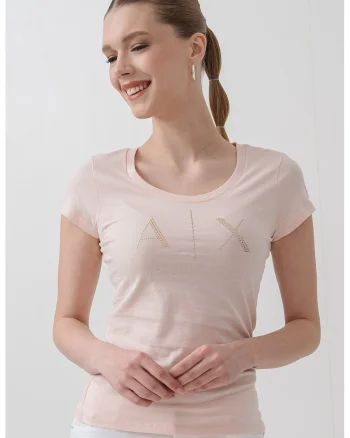 Tricou din bumbac cu aplicatii logo cu strasuri, Roz deschis