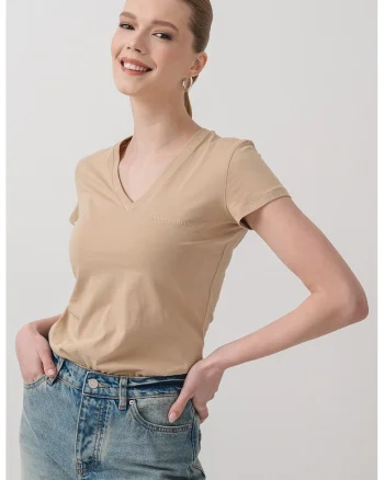 Tricou slim fit cu decolteu in V, Kaki