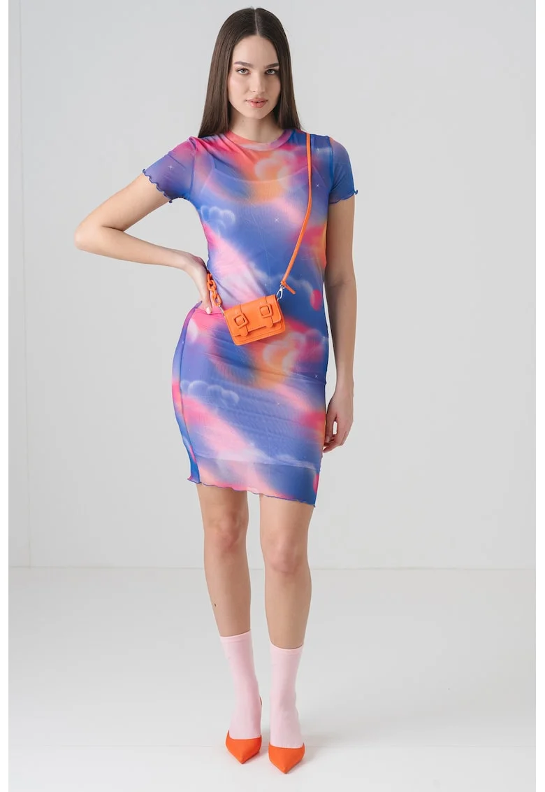 Rochie cu maneci scurte si imprimeu Nastaja, Fucsia/Portocaliu pal/Albastru