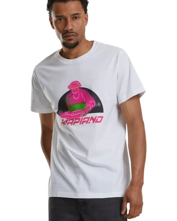 Tricou cu imprimeu grafic si decolteu la baza gatului, Roz pastel/Negru stins/Alb optic