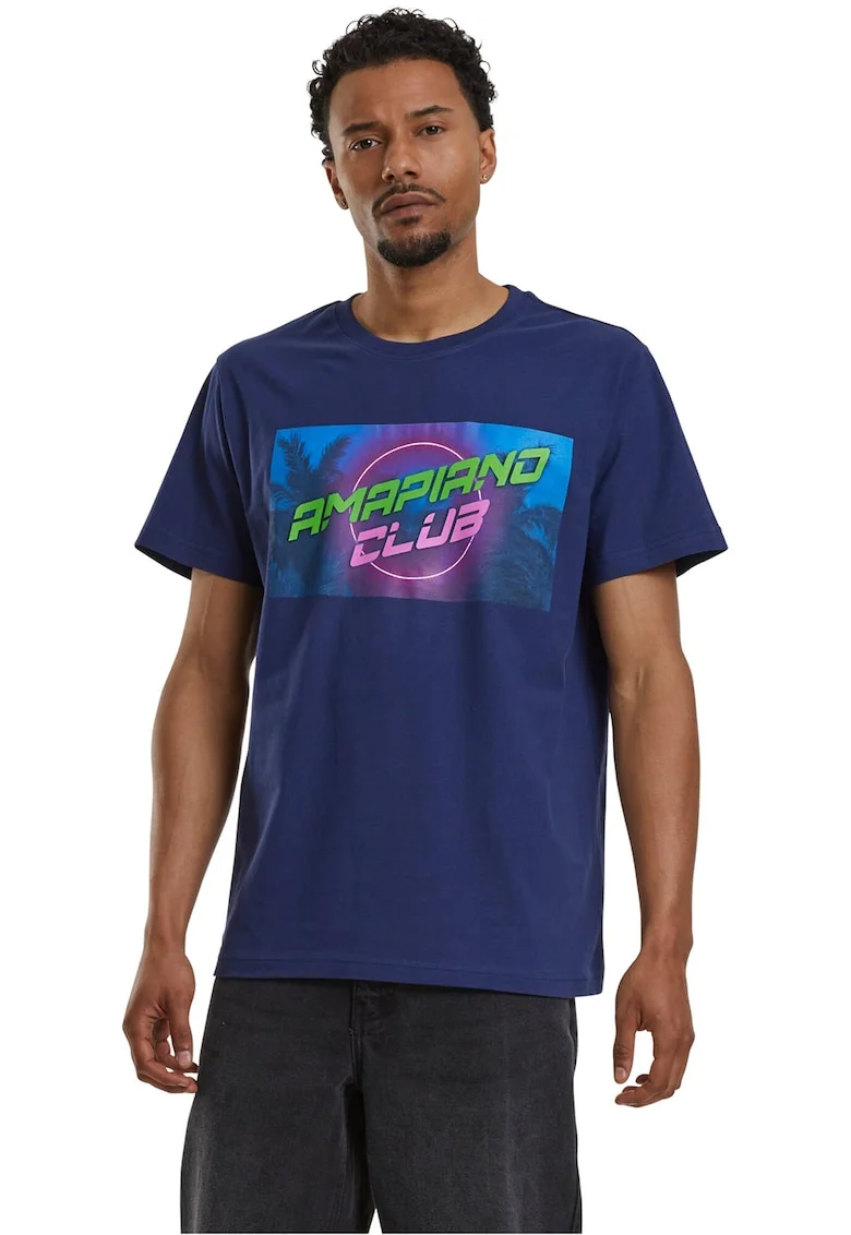 Tricou cu imprimeu grafic si decolteu la baza gatului, Verde/Fucsia/Albastru inchis