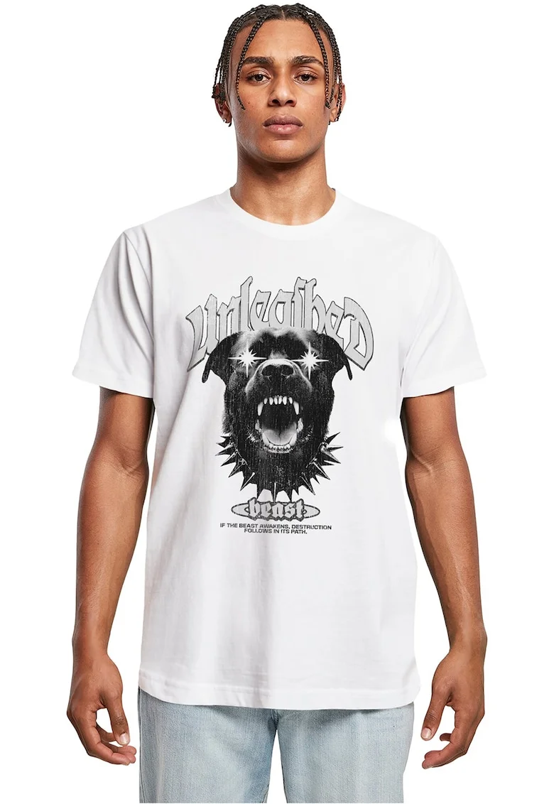 Tricou cu imprimeu grafic si decolteu la baza gatului, Negru stins/Alb optic