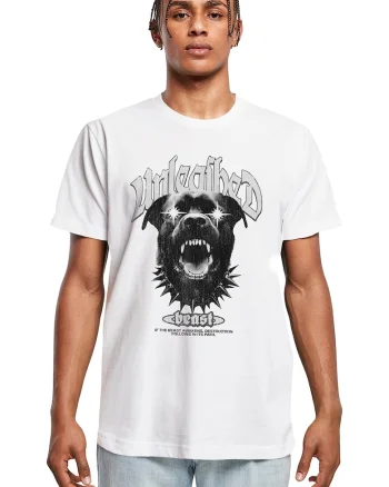 Tricou cu imprimeu grafic si decolteu la baza gatului, Negru stins/Alb optic