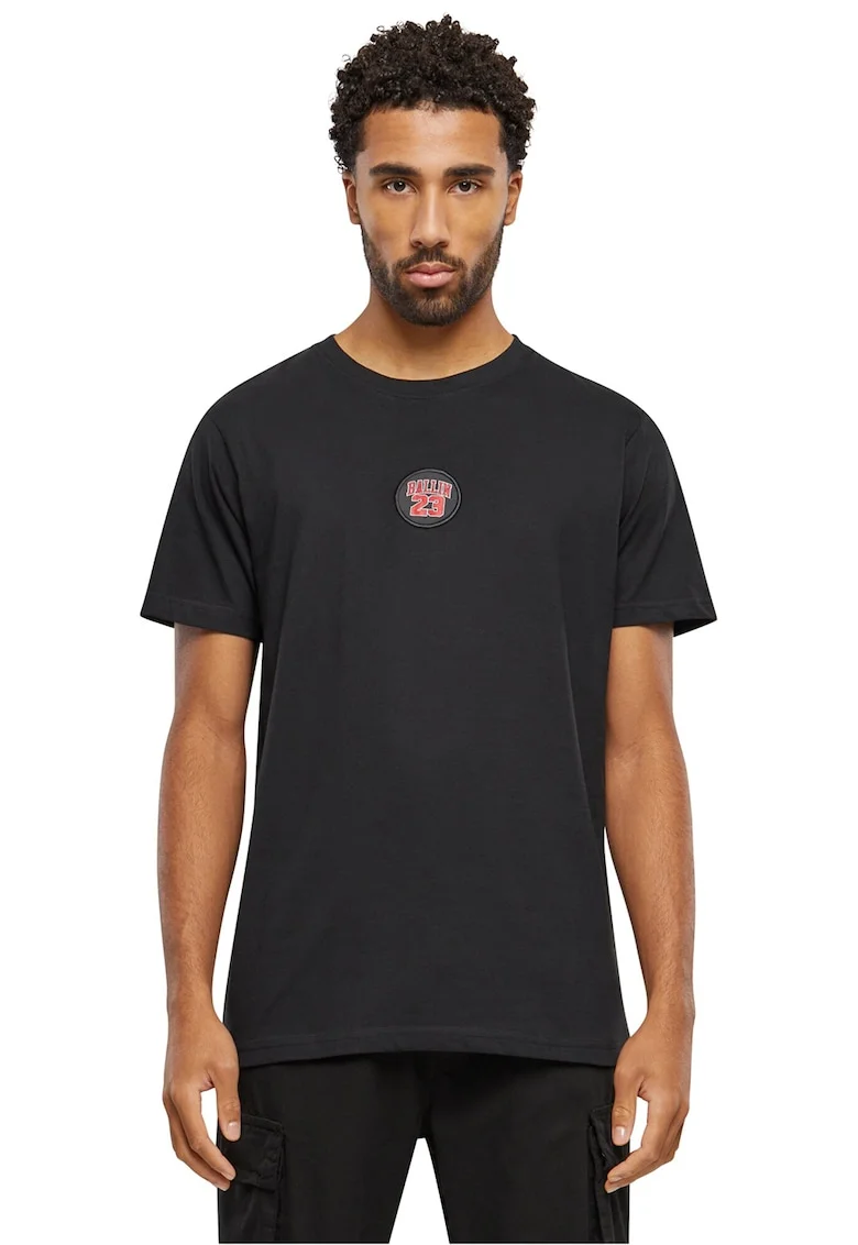 Tricou cu decolteu la baza gatului si aplicatie, Rosu/Negru stins