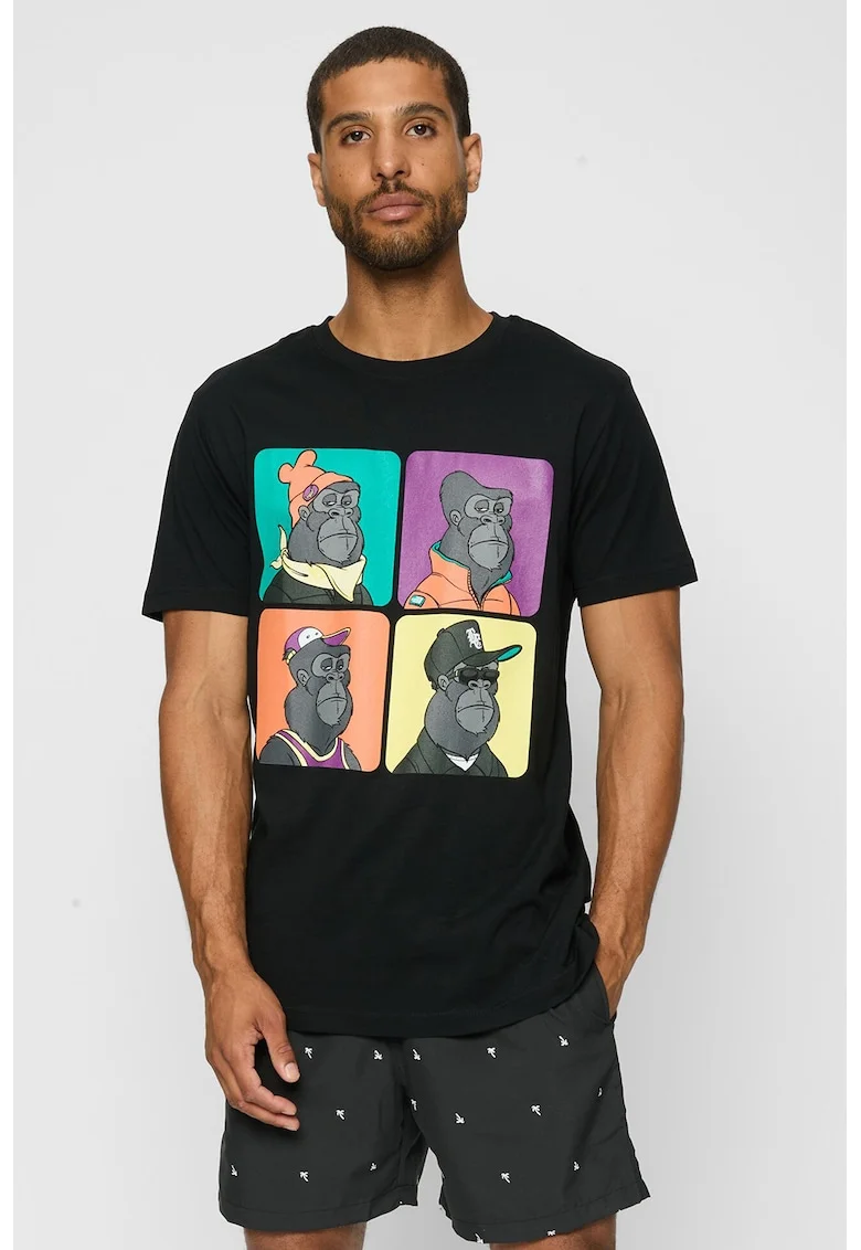 Tricou cu decolteu la baza gatului si imprimeu, Negru