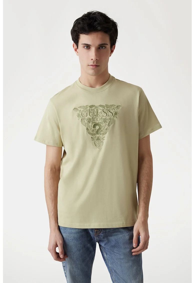 Tricou cu decolteu la baza gatului si logo brodat, Galben murdar
