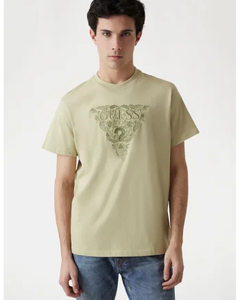 Tricou cu decolteu la baza gatului si logo brodat, Galben murdar