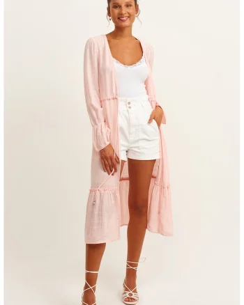 Cardigan lung cu terminatie cu volan, Roz pal