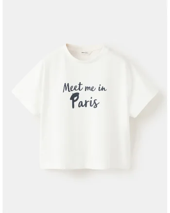 Tricou cu decolteu la baza gatului si imprimeu text, Negru stins/Alb murdar