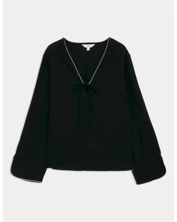 Bluza lejera cu decolteu in V, Alb/Negru