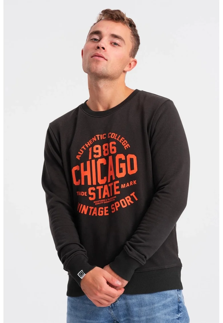 Bluza de trening din amestec de bumbac cu model text, Maro inchis/Portocaliu