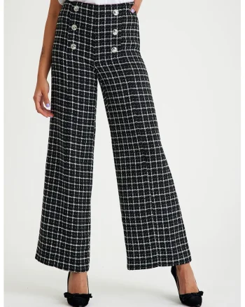 Pantaloni din tuid cu croiala conica si model in carouri, Alb/Negru