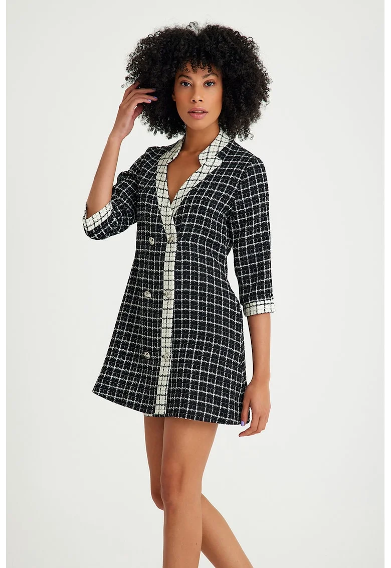 Rochie-sacou din tuid in carouri, Alb fildes/Negru