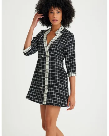 Rochie-sacou din tuid in carouri, Alb fildes/Negru