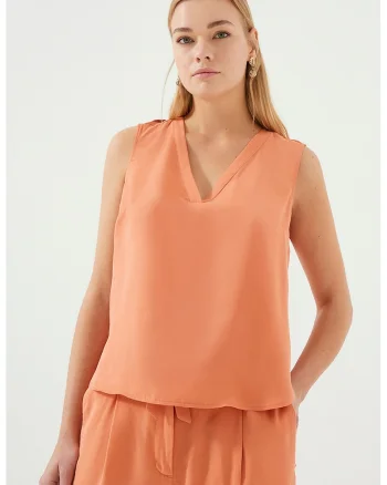 Bluza din lyocel cu decolteu in V, fara maneci, Portocaliu persan