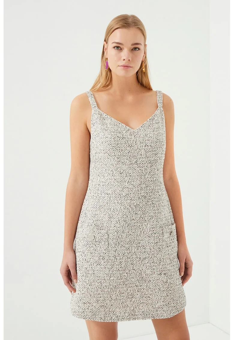 Rochie mini fara maneci, cu croiala in A si buzunare aplicate, Gri deschis melange