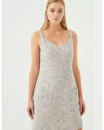 Rochie mini fara maneci, cu croiala in A si buzunare aplicate, Gri deschis melange