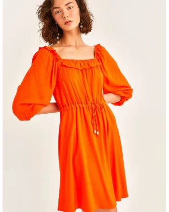 Rochie scurta cu model uni si decolteu patrat, Portocaliu mandarina