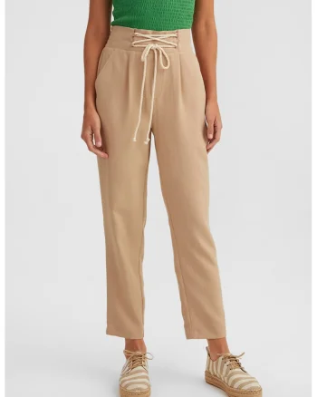 Pantaloni crop cu talie inalta si snur de ajustare, Bej