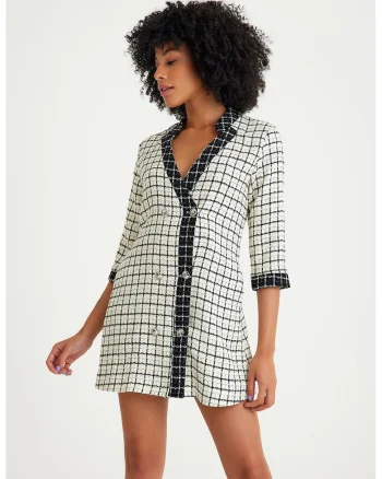 Rochie-sacou din tuid in carouri, Alb/Negru