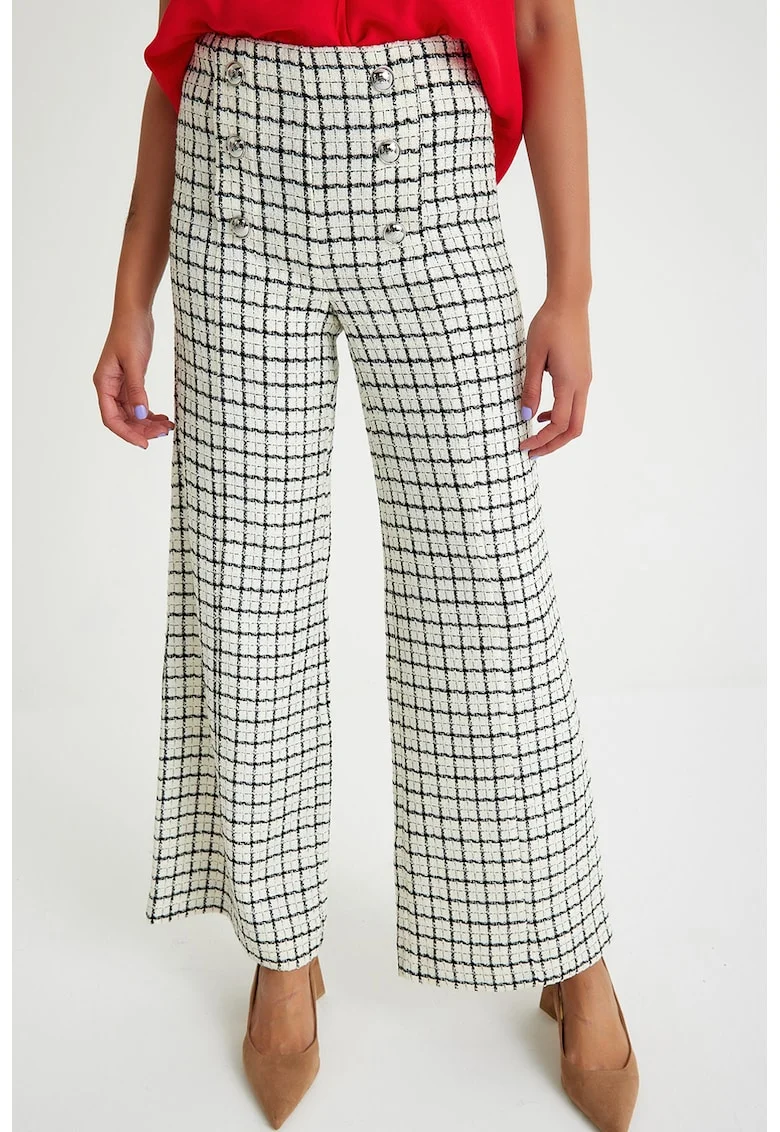 Pantaloni din tuid cu croiala conica si model in carouri, Alb fildes/Negru/Albastru azur