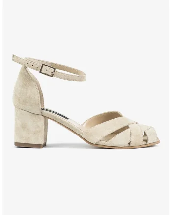 Sandale din piele intoarsa cu toc masiv Boho Vintage, Bej deschis