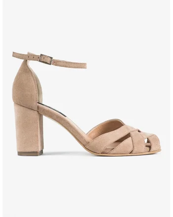 Sandale din piele intoarsa cu toc masiv Boho, Roz somon