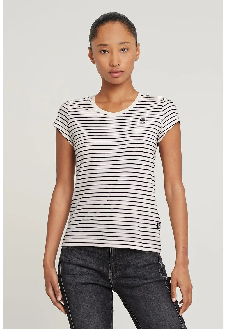 Tricou de bumbac organic cu decolteu in V Eyben, Alb/Albastru ultramarin/Roz pal