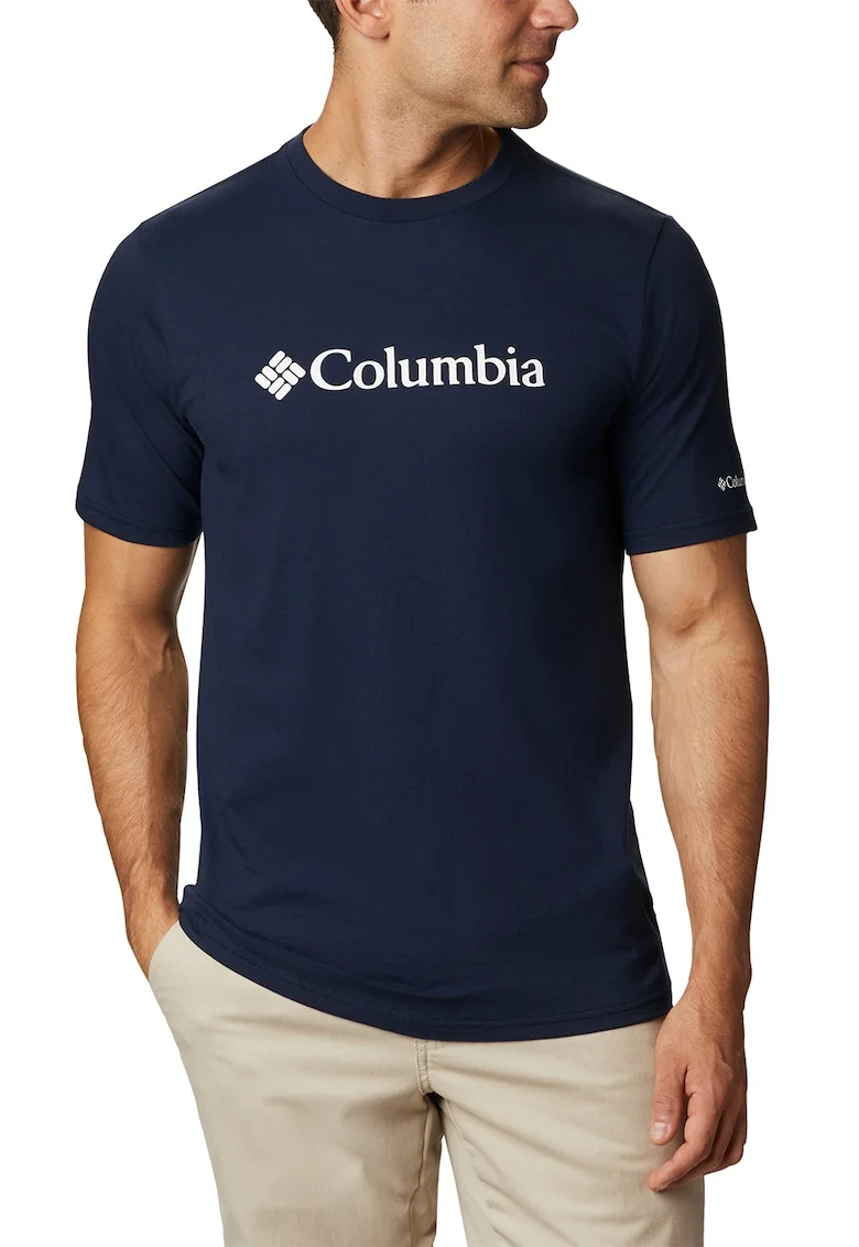 Tricou cu decolteu la baza gatului si imprimeu logo CSC Basic, Alb, Bleumarin