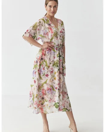Rochie cu model floral si croiala petrecuta, Alb fildes/Verde masliniu