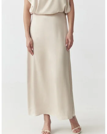 Fusta midi cu aspect de satin, Bej deschis