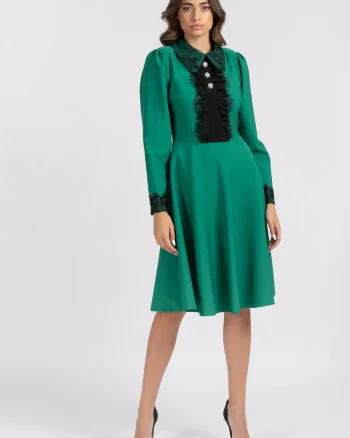 Rochie LaDonna verde cu dantela neagra si nasturi MAXI