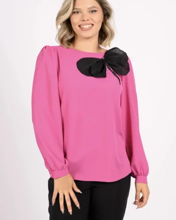 Bluza casual roz cu accesoriu fluture