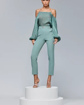 Pantaloni conici cu talie inalta de culoare verde olive
