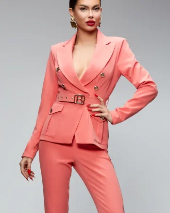 Compleu elegant somon din doua piese cu pantaloni conici cu talie inalta