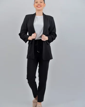 Sacou casual negru cu pliuri la maneci si revere tip sal