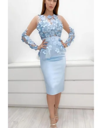 Rochie eleganta din tafta bleu cu broderie florala 3D