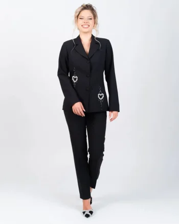 Compleu negru de ocazie format din doua piese cu sacou cambrat si pantaloni pana