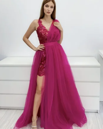 Rochie lunga din tull cu slit pe picior